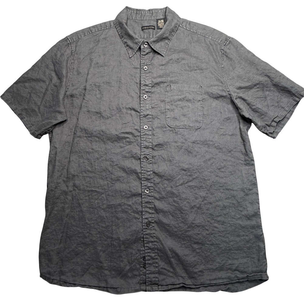 Vtg Y2K Structure Button Down Shirt Men XL Charcoal Gray 100% Linen Short Sleeve